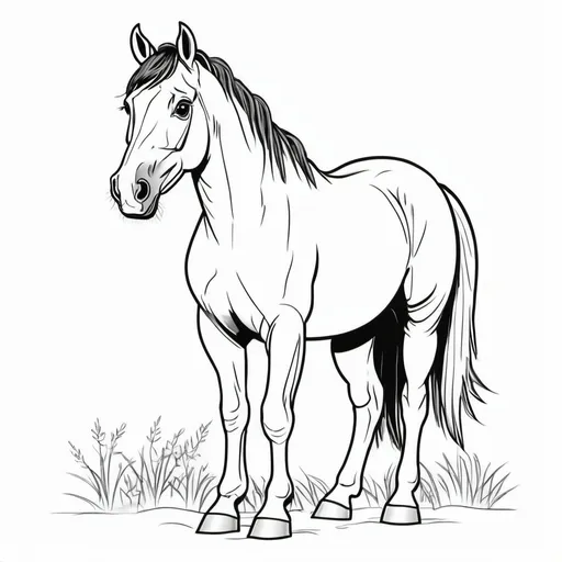 Prompt: create a simple, cute, but realistic, large, animal drawing of a horse in thick black outline, black lines only leaving space for kids to color in, include minimal landscaping relating to the animal. Drawings to be suitable for a kids coloring book ages 2-5, make sure not to use existing works.