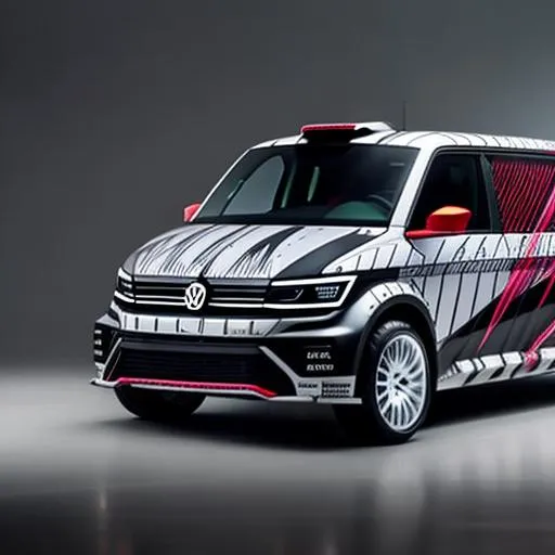 Prompt: Specced out rally version of the vw transporter, with a v12 in the back, with an enormous and complicated tear wing