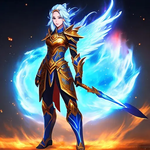 Prompt: Female, Flame Elemental, wearing scale armor, Beautiful, Blue, Golden hue