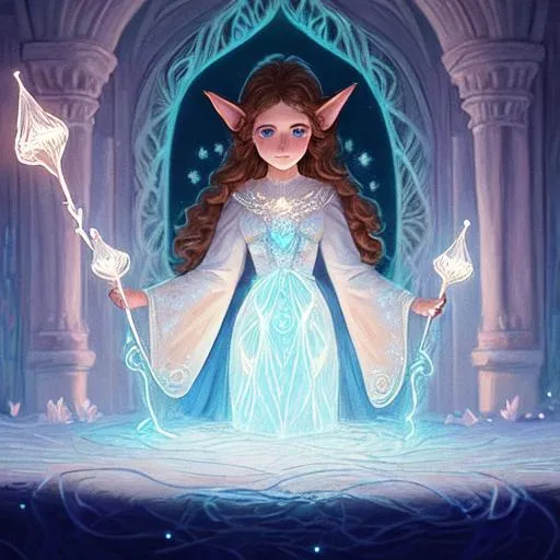Prompt: Panned out. 
Very detailed realism painting.
very short fantasy healer gnome female. 
Beautiful determined face, short-pointy ears
Beautiful brown eyes, brown hair. flowing long intricate embroidered white and light blue robe and cape
Full body illustration
Holding a single white glowing Staff 
detailed  
The background is a building
Glowing