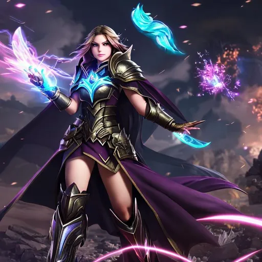 Prompt: digital splash art armored beautifull pretty gorgeous cheerfull adorable lady busty body mage channeling elemental magic ,spell casting action pose, fantasy art, special effect, hd octane render