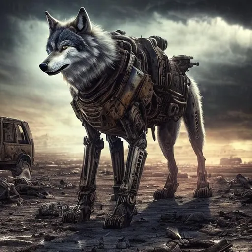 Prompt: a military mechanical wolf with blue eyes walking in a desert, an abandond city behind the wolf in the distance, thunder in the sky with dark clouds, and nightfall for the background