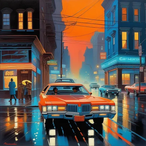 Prompt: 1970s, Philadelphia at night, neon, car chase, rain, fog, cold blue atmosphere, cartoony style, extremely detailed painting by Greg Rutkowski and by Henry Justice Ford and by Steve Henderson