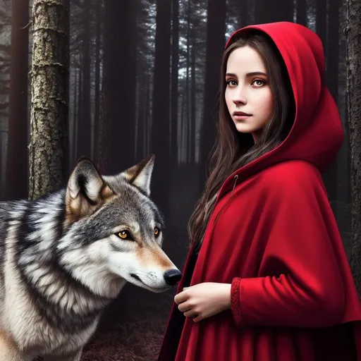 portrait of The Girl in the Red Cloak with the Wolf... | OpenArt