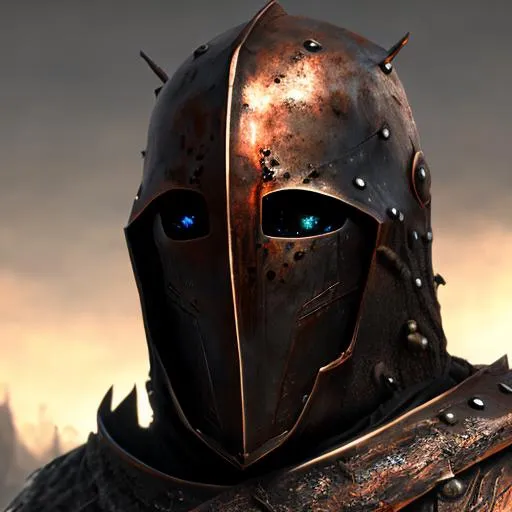 Prompt: Rusted Knight, 8K, Over-detailed, Black, Rugged Cloak, Glowing eye, Portrait