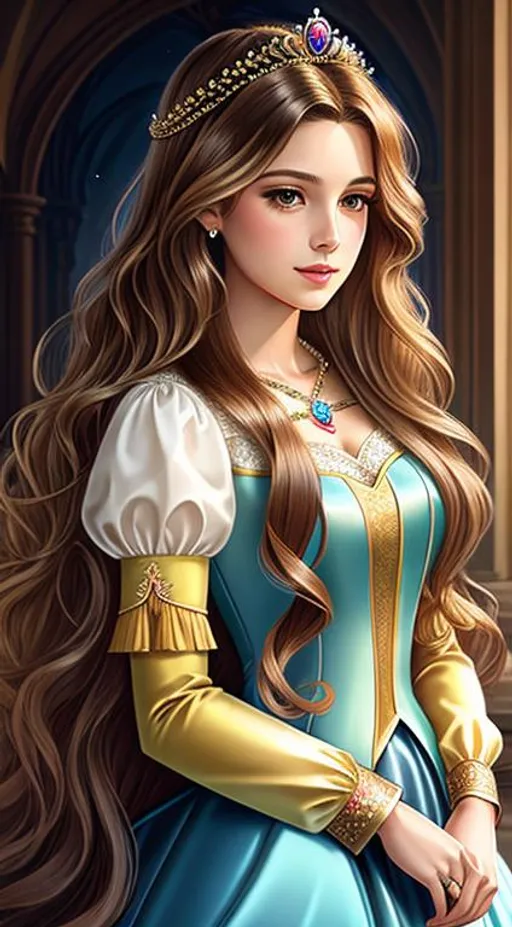 Prompt: portrait, long wavy hair, female, Illustration, princess dress