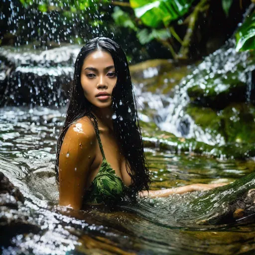 Prompt: pretty young Indonesian woman, 25 year old, (round face, high cheekbones, almond-shaped brown eyes, epicanthic fold, long black hair with seashell ornaments, small delicate nose), emerging from water, water splashing, seashell bikini top,  scenery natural pool in tropical Indonesian rain forest, lush green plants, waterfall, masterpiece, intricate detail, hyper-realistic, photorealism, hyper detailed texturing, high resolution, best quality, UHD, HDR, 8K, award-winning photograph, octane render