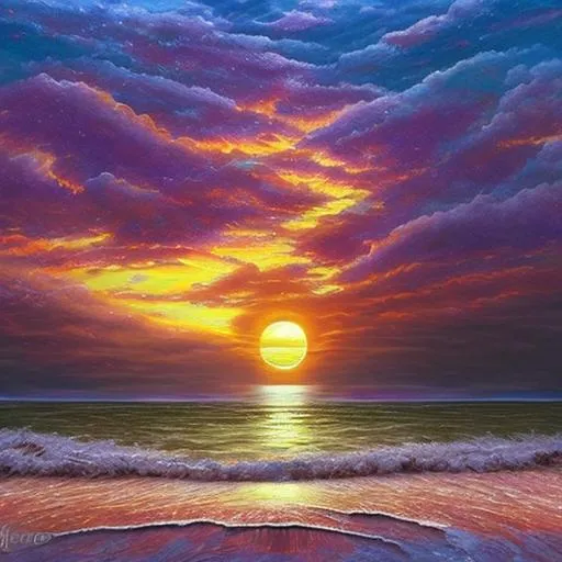 Prompt: Digital art, epic perspective, fine art, highly detailed painting of the ocean during a beautiful sunrise in bright, very vivid hues of purples, reds, oranges, yellows and blues and a glowing sun, very fine. Digital art, fantasy art, epic perspective, very colorful, Hyper ultra detailed, magical lighting with lens flares in the style of Winslow Homer