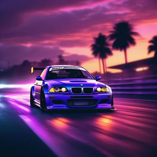 Prompt: 2001 BMW M3 E46 GTR, synthwave, aesthetic cyberpunk, miami, highway, dusk, neon lights, coastal highway, dusk, neon lights, coastal highway, sunset, drift, nurburgring