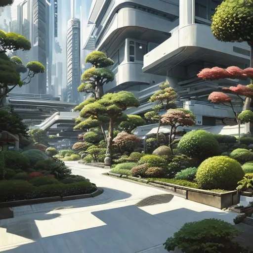 Prompt: White futuristic suburb in Japanese style with lot of plants hiper-realistic oil paint 