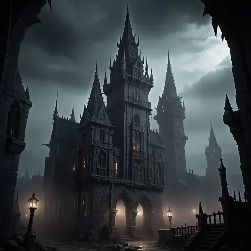 Prompt: Warhammer fantasy RPG style dark castle, spiky towers, eerie atmosphere, misty night, gothic architecture, detailed stonework, high quality, eerie lighting, atmospheric, misty, spooky, detailed, fantasy, RPG, gothic, dark tones, intricate details, towering spires, menacing presence, foggy ambiance seen from distance