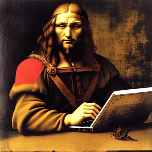 Prompt: Leonardo Da Vinci using a laptop