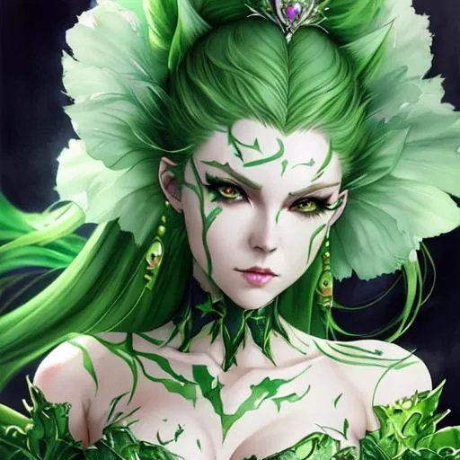 Prompt: evil green queen, anime Character Design, Unreal Engine, Beautiful, Tumblr Aesthetic,  Hd Photography, Hyperrealism, Beautiful Watercolor Painting, Realistic, Detailed, Painting By Olga Shvartsur, Svetlana Novikova, Fine Art