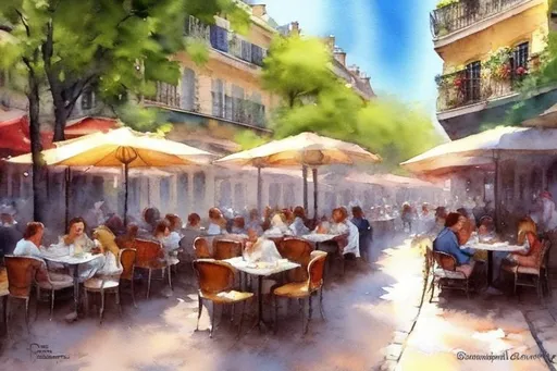 Prompt: Create a stunning watercolor painting of a charming Parisian sidewalk cafe on a sunny midday. Capture the warm, dappled sunlight illuminating the cobblestone street, the vibrant outdoor seating with wrought-iron chairs and colorful umbrellas, and the inviting ambiance of the scene. include people sat at the tables. Ensure the artwork is of high-definition quality, suitable for high-quality printing, and conveys the romance and elegance of Parisian life.