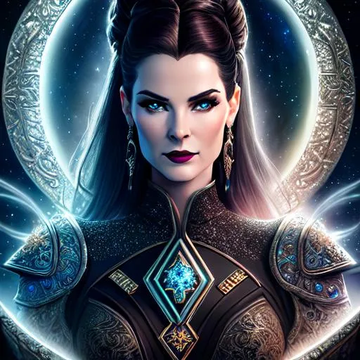 Prompt: cinematic photograph of jadzia dax, terry farrell, ethereal, underworld, realistic, intricate and hyperdetailed, pewter filigree,  dark makeup, black lipstick, blue eyes, fantasy art, album cover art, 3D lighting, high contrast, 8K quality, beautiful woman, trill, midnight, stars, glitter