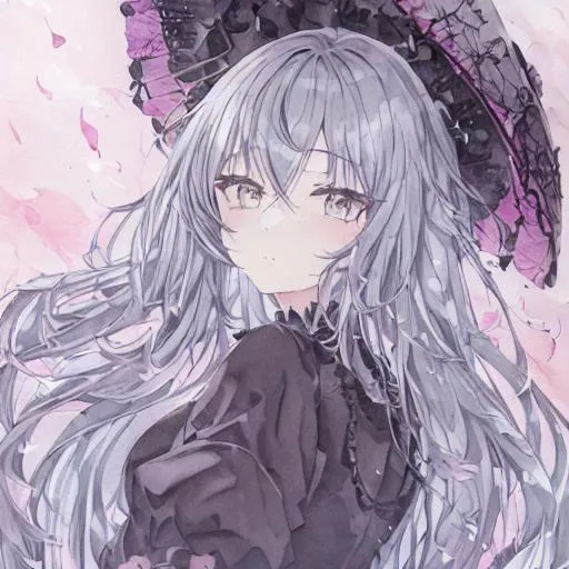 Prompt: 1girl, anime,  quality 14, cute, beautiful goth anime cat girl, 
gothic, pastel watercolor masterpiece, rich high contrast colors, color splash, upclose, portrait, Gray hair