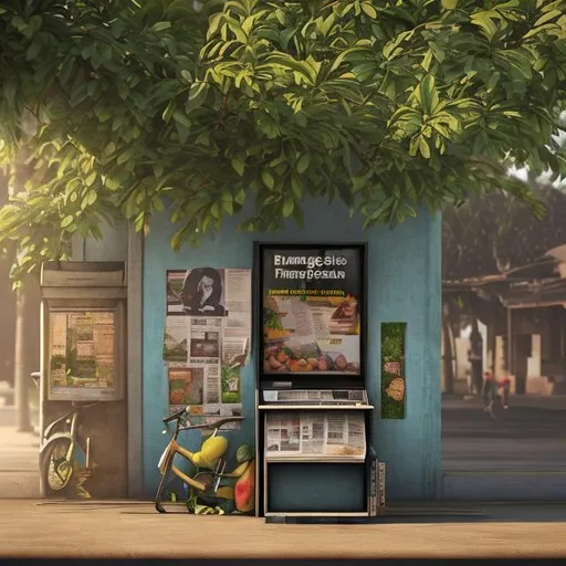 Prompt: Hyperrealistic image of a newspaper stand underneath a mango tree surrounded by a small crowd 