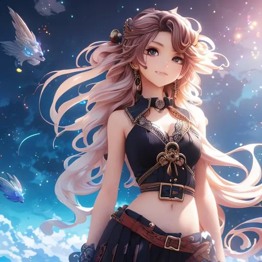 Prompt: Anime by atsushi ohkubo, hyperdetailed, medium red wavy hair anime girl, wears pirate clothing without a hat, detailed face, detailed body, full body shot, whole body visible, full character visible, soft lighting, high definition, ultra realistic, 2D drawing, 8K, digital art, zoomed out, looking away from camera