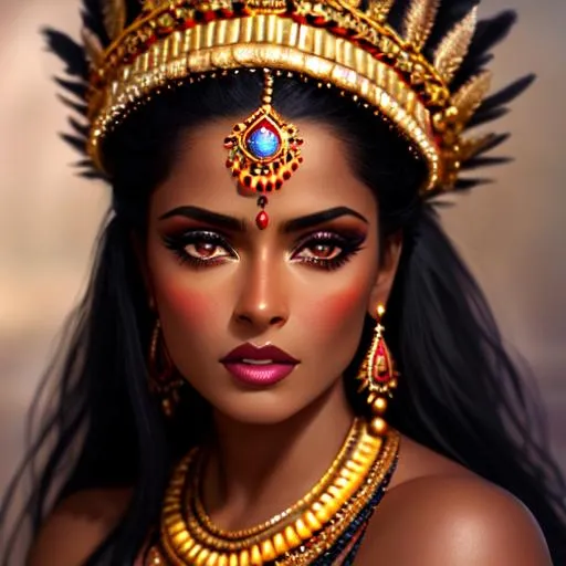 Prompt: Makeup advertisment of a dark skinned woman mix of salma hayek and amber heard as a tribal amazon, dark skin, detailed background, detailed face, crimson accent, lifelike, photorealistic, sharp focus, dramatic lighting, depth of field, dark fantasy, elegant, beautiful, intricate details, matte, photo by adam martinakis and Jeremy Lipking and Gustave Moreau and Jan Matejko and Ivan Shishkin and Alfons Mucha and John Singer Sargent