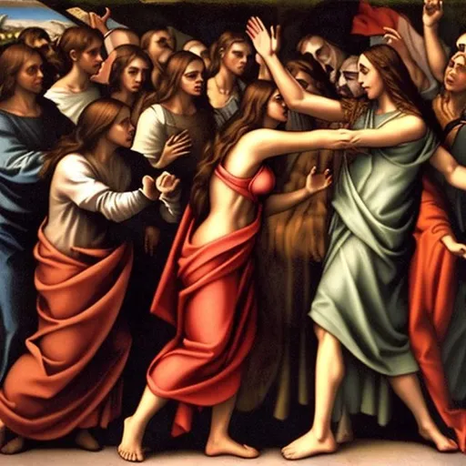 Prompt: the female jesus slapping satanists in renaissance painting style