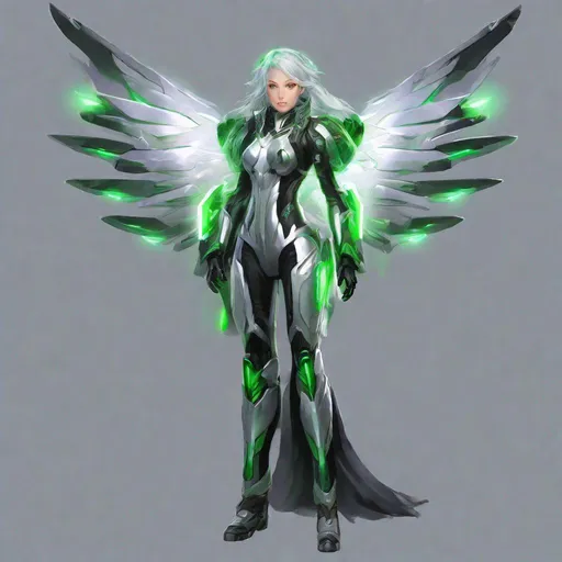 Prompt: female, long silver and green glowing hair, wearing black gloves, green and silver scifi armor, V1 pneuma wings, Xenoblade 2 , conceptart , scifi sword