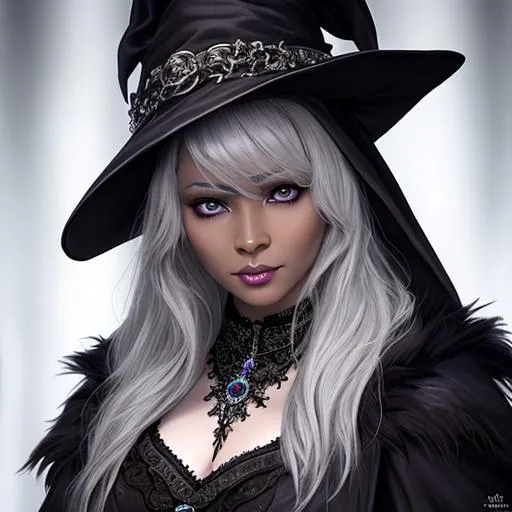 Prompt: fantasy, D&D, drow, witch, gray skin, UHD, 8k, high quality, ultra quality, perfect composition, trending art, trending on artstation, sharp focus, studio photo, intricate details, cinematic lighting, special effects, hyper realism, hyper realistic, Very detailed, oil painting, full body, zoom out, full view of character