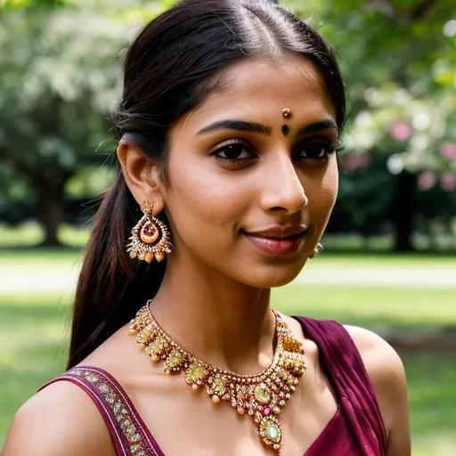Prompt: Gorgeous Indian ((skinny)) girl in a park, pretty, cute 🥰, ((one eyes Winking)), Maroon-brown Dress, centered in frame,close-up, ultra realistic, natural lighting, background having trees with pink flowers , drop type earrings, thin gold necklace, pony tail hairstyle