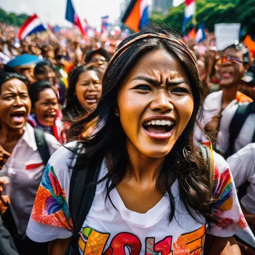 Prompt: RAW photo, dutch angle, pretty young demonstrator, Indonesian woman, 25 year old, (round face, high cheekbones, almond-shaped brown eyes, small delicate nose, long wavy black hair), shouting, energetic and expressive, crowded protest rally, colorful protest signs and banners, (vibrant colors, dynamic composition), masterpiece, intricate detail, hyper-realistic, photorealism, hyper detailed texturing, high resolution, best quality, UHD, HDR, 8K, award-winning photograph, octane render