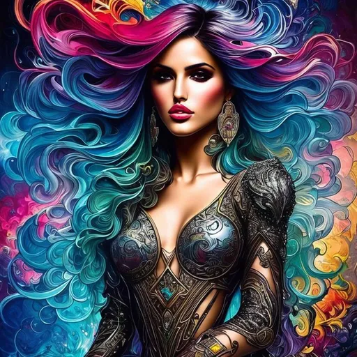 Prompt: Eiza Gonzalez, Alphonse Mucha, Luis Royo, Joyce ballantyne, rainbow hair, graffiti art, splash art, street art, spray paint, oil gouache melting, acrylic, high contrast, colorful polychromatic, ultra detailed, ultra quality, CGSociety, depth of field