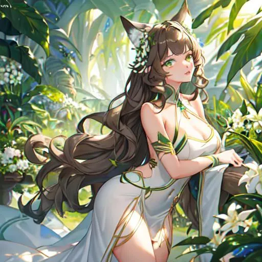 Prompt: Exotic plants on green planet. A young lady that has wolf ears and a tail. Light skin, emerald eyes, plump lips, toned body. SHE HAS wavy BROWN hair that's long. Wearing white dress. Facing to the right side. She holds white flowers.