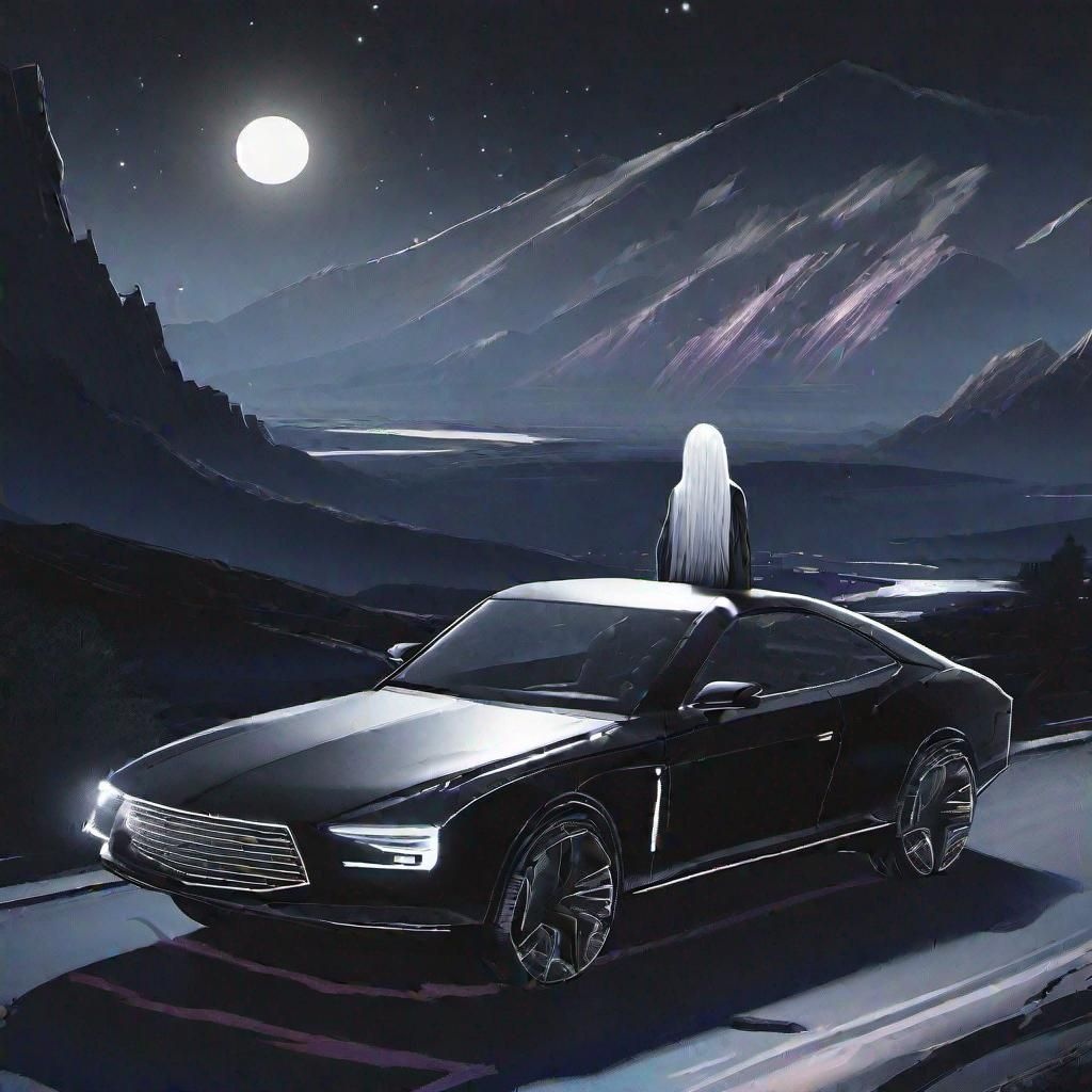 Prompt: One Black Car driving on the road, grandma with white hair standing on the car roof, at night, landscape in the background, side view, concept art