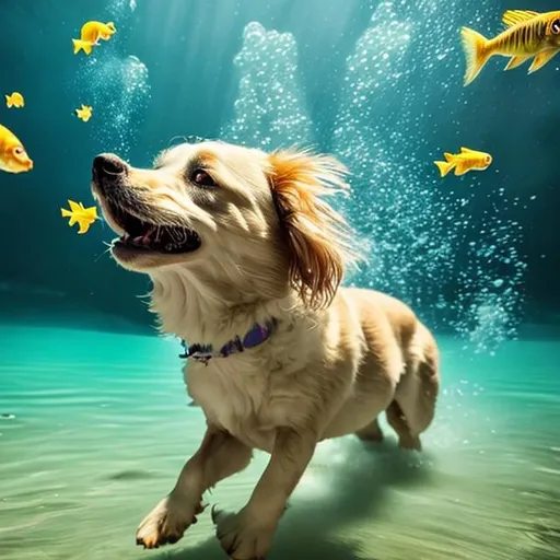 Prompt: a dog riding a bike under water playing with a fish
