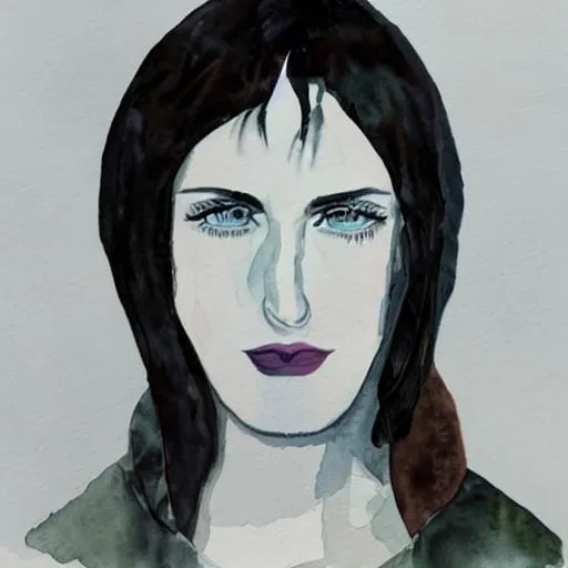 Prompt: watercolor portrait painting of black haired 35 year old  white 
woman with slightly up turned hooded hazel eyes and  small pointy nose, dark eyebrows with an arch on the right brow, greying hair with most of the gray on top and the under hair is dark brown, mid height cheek bones, full bottom lip with a smaller upper lip, round face,  eye are symmetrical, birth mark  that is finger print size on the right side of chin