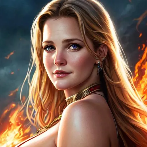 Prompt: Poster art, high-quality high-detail highly-detailed breathtaking hero ((by Aleksi Briclot and Stanley Artgerm Lau)) - ((Drew Barrymore)) , Hero pose ,full form, epic, 8k HD, fire, sharp focus, ultra realistic clarity. Detailed face, portrait, realistic, close to perfection 