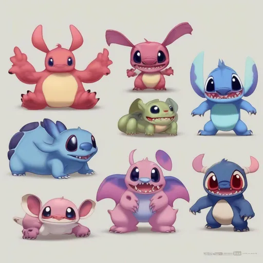 Prompt: fakemons, 4 different little creatures similar in body type to the Disney character Stitch