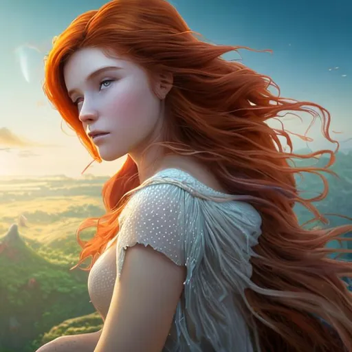 Prompt: A close-up of a young woman with flowing auburn hair stands at the edge of a cliff, overlooking a vast fantasy landscape. The horizon is dotted with floating islands, each with its own unique ecosystem. Luminescent creatures fly around her, their wings shimmering with iridescent colors. In the distance, a majestic waterfall cascades from a floating island, creating a rainbow mist. The woman wears a flowing gown that seems to merge with the elements, reflecting the colors of the sky during sunset. The scene captures the essence of a digital photograph, inspired by the works on Art Station and the dreamy landscapes of Studio fairy tale films. Shot with a 70 mm lens, the view is from a high angle, emphasizing the vastness of the landscape. The image boasts a high resolution with highlighting, highlighting the vivid colors of the fantasy world. Rendered with Octane, the scene has a cinematic feel to it.