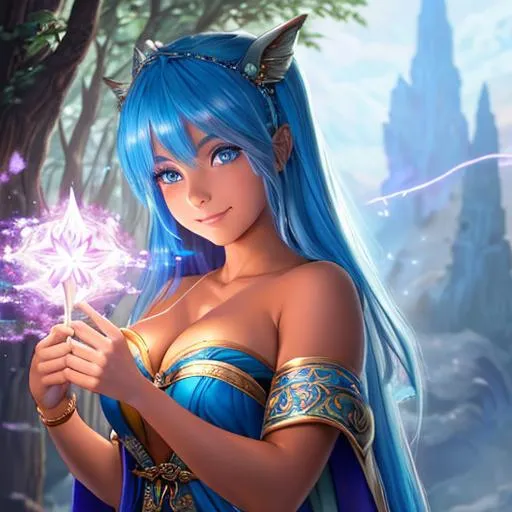 Prompt: oil painting, fantasy, Pixie girl, tanned-skinned-female, beautiful, bright blue hair, straight hair, rosy cheeks, smiling, looking at the viewer, Elemental sorceress wearing intricate robes casting a spell, #3238, UHD, hd , 8k eyes, detailed face, big anime dreamy eyes, 8k eyes, intricate details, insanely detailed, masterpiece, cinematic lighting, 8k, complementary colors, golden ratio, octane render, volumetric lighting, unreal 5, artwork, concept art, cover, top model, light on hair colorful glamourous hyperdetailed medieval city background, intricate hyperdetailed breathtaking colorful glamorous scenic view landscape, ultra-fine details, hyper-focused, deep colors, dramatic lighting, ambient lighting god rays, flowers, garden | by sakimi chan, artgerm, wlop, pixiv, tumblr, instagram, deviantart