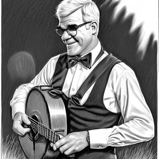 Prompt: Draw a black and white picture of Steve Martin wearing a bowtie and playing a banjo
