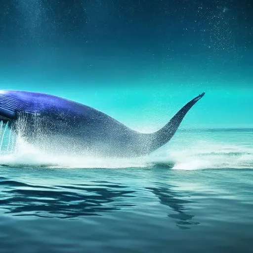 Prompt: realistic blue whale passing through a magical, iridescent circular portal. vivid colors. ultra hd, realistic, 8k, hight detailed, high quality.