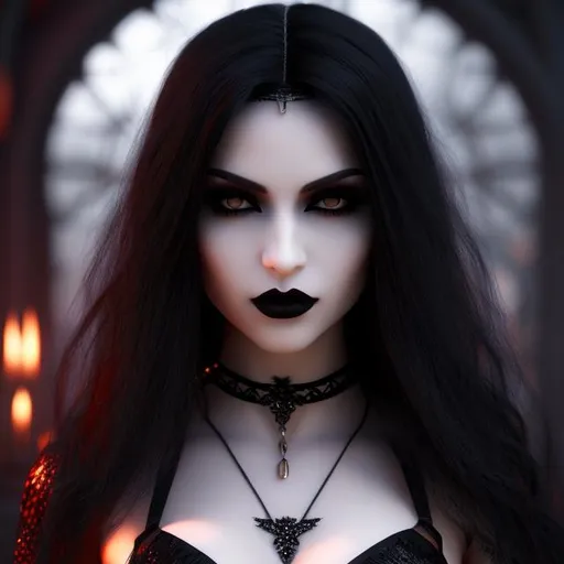 Prompt: cgi high resolution goth female vampire, full body portrait, petite body, black string bikini, angular facial features, intricate light colored eyes and hair, soft skin texture