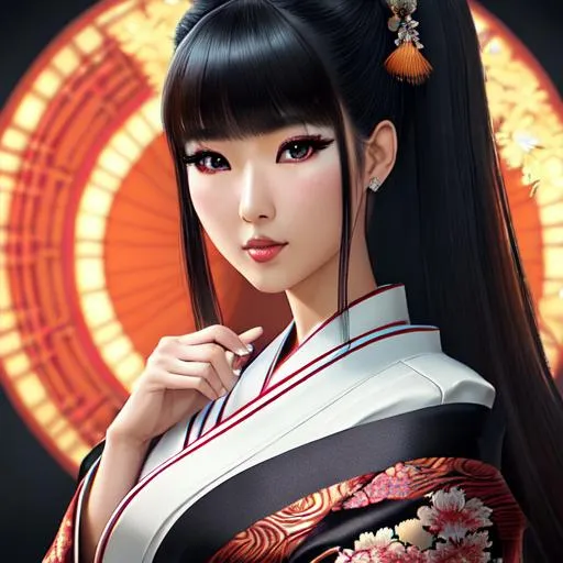 Prompt: (masterpiece), realistic, tunning hyperrealistic photograph, extremely detailed photo of an amazing Incredibly japanese 26-year-old girl, kimono, perfect body proportion, b-cup, short straight black pony-tailed hair, bangs, highly Detailed skin textures, a perfect detailed face with bright makeup, highly detailed symmetric dark eyes with circular iris, octane render, intricately detailed, trending on art station, Isometric, hyper realistic cover photo, awesome full color, hand-drawn, high definition, cinematic, neoprene, style, 8 life-size, 8k Resolution, curiously complete, elegant,  dynamic, highly detailed, character sheet, concept art, smooth, positioned so that their bodies are symmetrical and balanced directly towards the viewer, smile