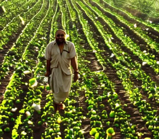 Prompt: A dirty sweaty hardworking indian middle-aged man , charming face with a small smile , cringes on face , wearing  a cotton lungi , working hard in his farm, bowing seeds ,  golden  sunrays are coming throughtheclouds , drizzling rain coming , natural light , professional shot , UHD , 64K , unreal engine