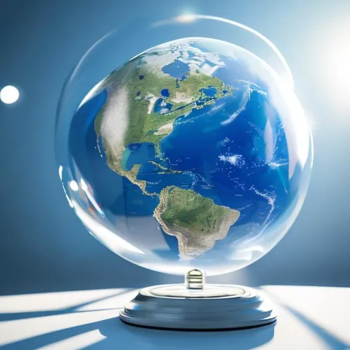 Prompt: transparent glass globe against a white background, the image of the Earth is reflected on the glass globe, Fotorealistic earth, movie lighting