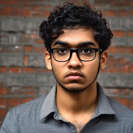Prompt: A brown guy with  short curly hairs with rectangular glasses , serious face , introvert 
