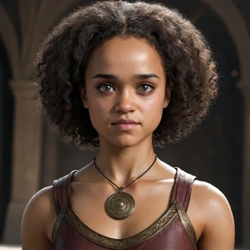 Prompt: hyper-realistic young human female, Missandei has a round flat face, dusky skin, and eyes like molten gold, the typical features of the people of Naath. Although only ten, she is very strong-willed and intelligent.She has a sweet, strong voice. Missandei was taught to refer to herself as "this one" instead of using first-person pronouns, a habit she tries to overcome once she is freed from slavery., fantasy character art, illustration, dnd, 