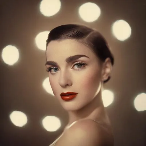 Prompt: Capture the essence of a 1930s female influencer. Think glamour, elegance, and sophistication. Your camera should evoke the era's vintage aesthetic. Set up your shot with careful attention to lighting, composition, and framing. Bring out the subject's style and charisma, and transport the viewer to another time