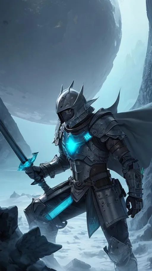 Prompt: a Male in silver crusader armor rests on his sword in the middle of a dark crater filled with glowing cyan ice. the sky is dark and he is surrounded by glowing blue mist. Behance hd, Castle-crashers