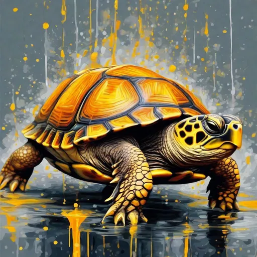 Prompt: Turtle, vivid yellow with orange shimmering scales, masterpiece, best quality, in dripping art style
