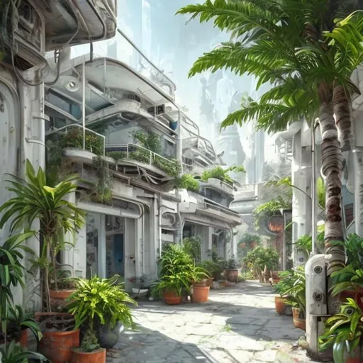 Prompt: White futuristic old buildings with in futuristic style with lot of plants hiper-realistic oil paint         