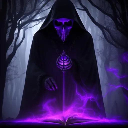 Prompt: A realistic digital painting of a dark mage, scary mage, hidden face, no face, scull face, book in hands, dark book, scary book, reading book, scary armor, dark scary armor, purple and black armor, robes, darkness, dark fog, dark theme, dark purple, dark purple background, trending on artstation, super detailed, high quality, delicate details.